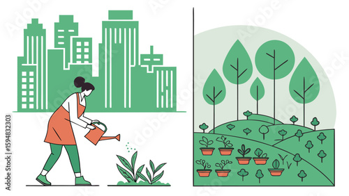 Woman watering plants in urban garden with city buildings and hillside garden landscape view