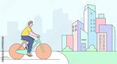 Man on bicycle in city landscape, simple line art illustration.