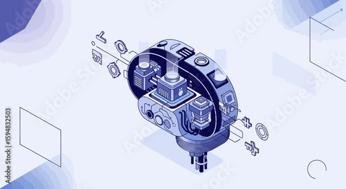 Isometric illustration of a complex mechanical device with multiple components, including gears, buttons, and internal mechanisms, set against a light blue b...
