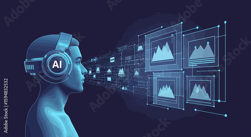 AI-powered visual data processing: a person wearing AI headphones experiences a stream of digital images.