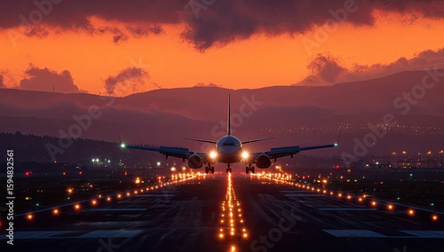 Airplane landing at sunset.  Fiery orange sky above a jetliner touching down