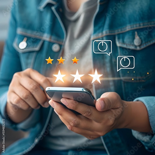 Close-up of hand using smartphone to give five-star online rating and customer review, digital feedback and satisfaction survey concept illustration
