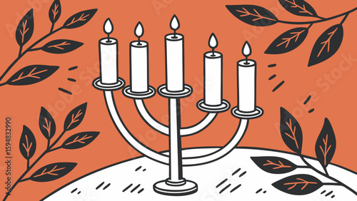 A group of white candles in modern stand in different sizes, all lit and burning, shown in a realistic style on a dark orange background vector illustration.