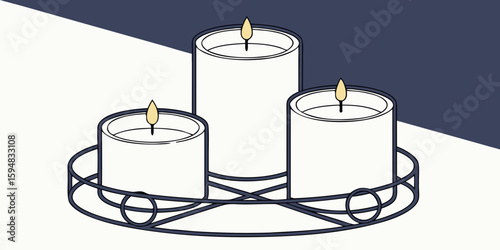 A group of white candles in modern stand in different sizes, all lit and burning, shown in a realistic style on a dark navy blue white background vector illustration.