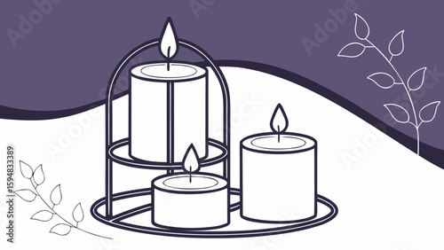 A group of white candles in modern stand in different sizes, all lit and burning, shown in a realistic style on a dark purple white background vector illustration.