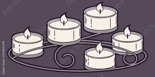 A group of white candles in modern stand in different sizes, all lit and burning, shown in a realistic style on a dark purple background vector illustration.