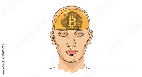 Golden bitcoin inside man’s head — male thoughts — desire to get rich — one line doodle drawing with watercolor fill, minimalistic vector illustration on white background