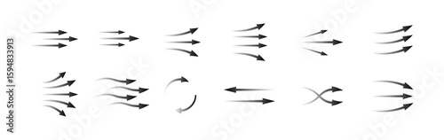 Various black arrows illustrate air flow, movement direction, motion concepts, and dynamic paths.
