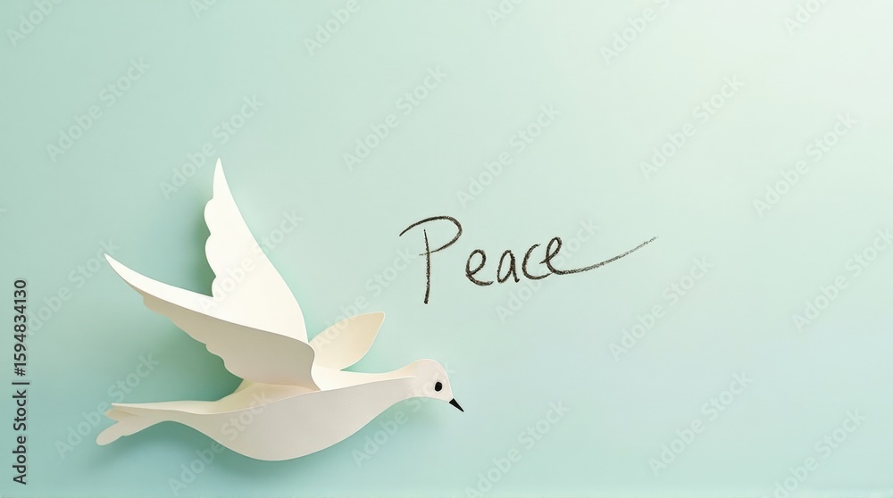 Obraz premium White Paper Dove Flying Over Light Blue Background with Peace Handwritten Message