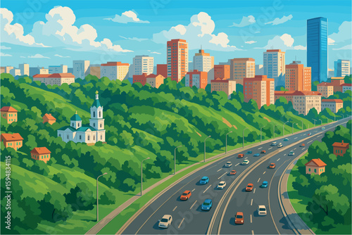 Bright cityscape of Ufa with hills, roads, and mixed architecture