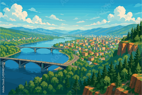 Wide view of Krasnoyarsk nestled between cliffs, forests, and Yenisey River