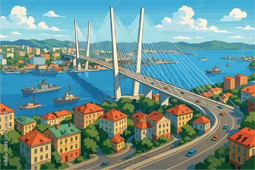 Coastal view of Vladivostok with Golden Bridge and ships in the bay