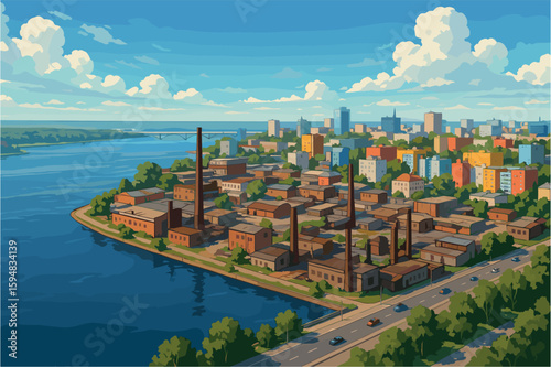 Clear daytime view of Perm with river, industry, and colorful housing blocks