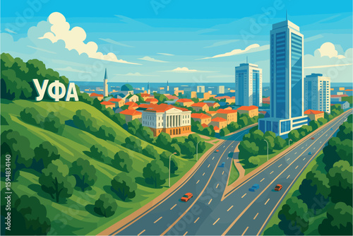 Bright cityscape of Ufa with hills, roads, and mixed architecture