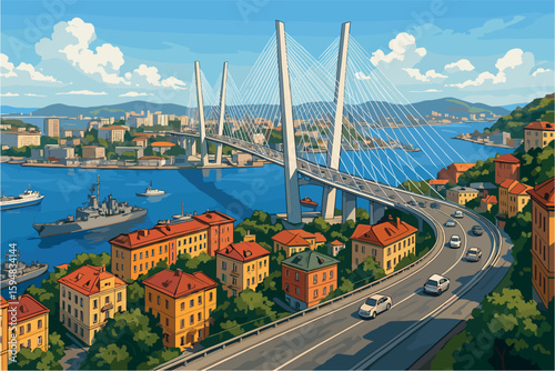 Coastal view of Vladivostok with Golden Bridge and ships in the bay