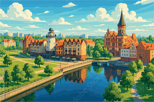 Daytime cityscape of Kaliningrad with canals and restored historic buildings