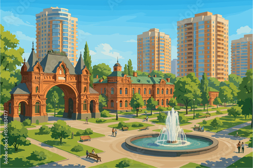 Bright daytime view of Krasnodar with parks, fountains, and city blocks