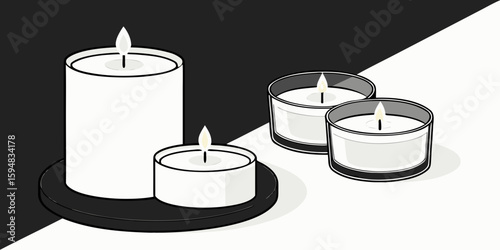 A group of white candles in modern stand in different sizes, all lit and burning, shown in a realistic style on a black white background vector illustration.