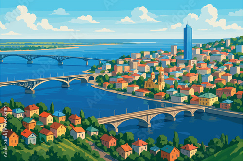 Saratov panorama with Volga bridges, hills, and mixed architecture