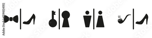 Bow Tie, Key, Gender, Pipe, And Shoe Solid Icon Set. Gender Differentiation, Security And Lifestyle Silhouette Symbol Collection. Fashion, Privacy and Identity. Isolated Vector Illustration