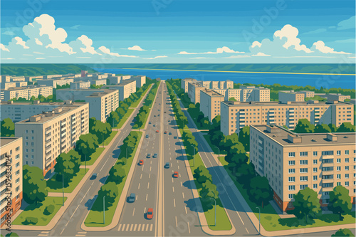 Urban view of Tolyatti with Soviet-style boulevards and river backdrop