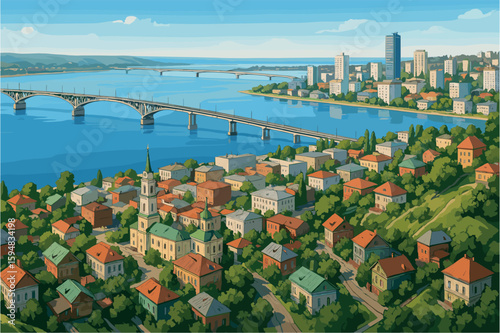 Saratov panorama with Volga bridges, hills, and mixed architecture