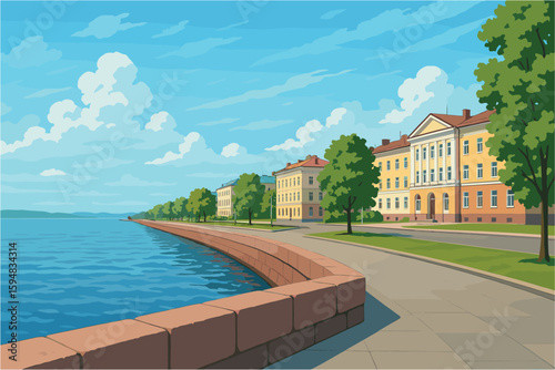 Lakeside Petrozavodsk view with granite quays and classic buildings