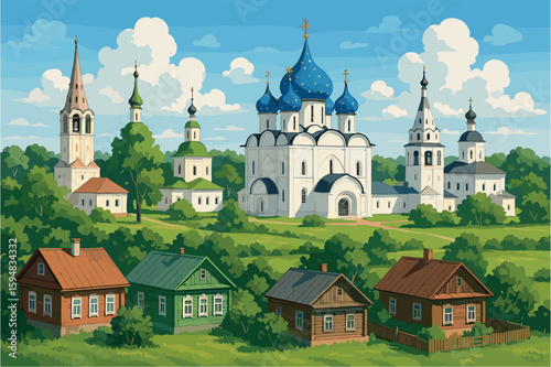 Charming daytime cityscape of Suzdal with onion‑domed churches and wooden houses