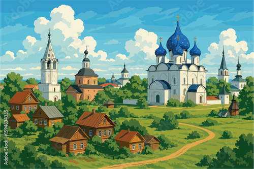Charming daytime cityscape of Suzdal with onion‑domed churches and wooden houses