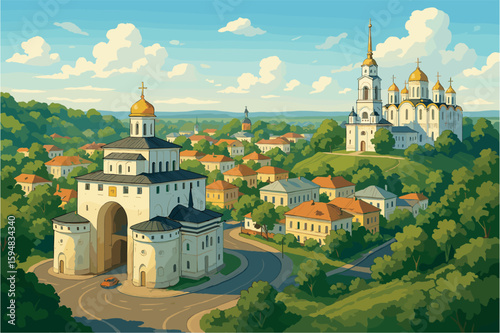 Sunlit panorama of Vladimir with Golden Gate and Assumption Cathedral