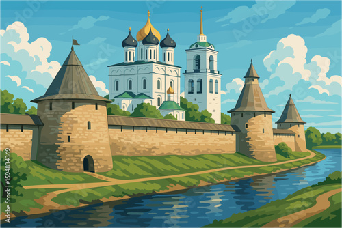 Fortified Pskov cityscape with river, kremlin towers, and cathedral domes