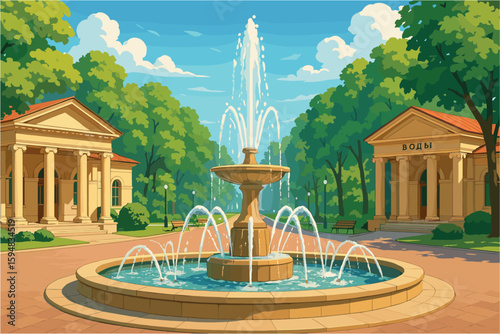 Bright cityscape of Essentuki with fountains and spa architecture