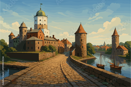Historic Vyborg view with medieval towers and northern harbor