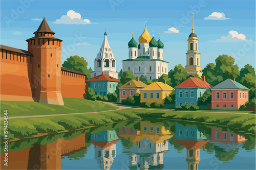 Kolomna daylight cityscape with kremlin walls and pastel buildings