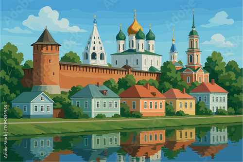 Kolomna daylight cityscape with kremlin walls and pastel buildings
