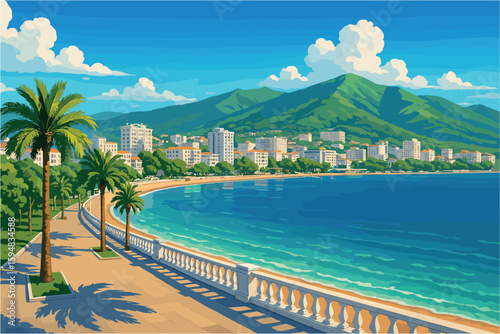 Sunny coastal view of Gelendzhik with palm promenade and curved bay