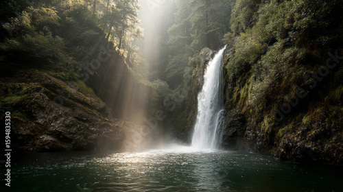 Majestic waterfall cascading into pristine pool surrounded by lush forest and soft sunlight