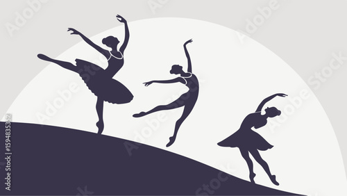 Graceful ballet dancer silhouettes performing classical poses on a curved stage, featuring elegant minimalist art for dance enthusiasts.