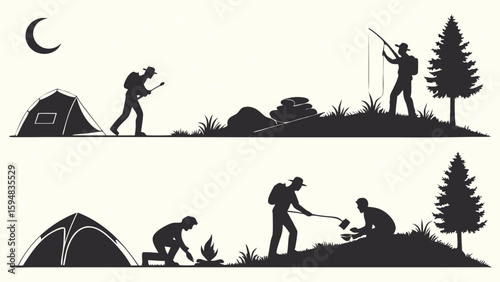Monochrome silhouette vector graphic of campers with tents and trees, enjoying outdoor activities like fishing, hiking, and campfire cooking in nature.