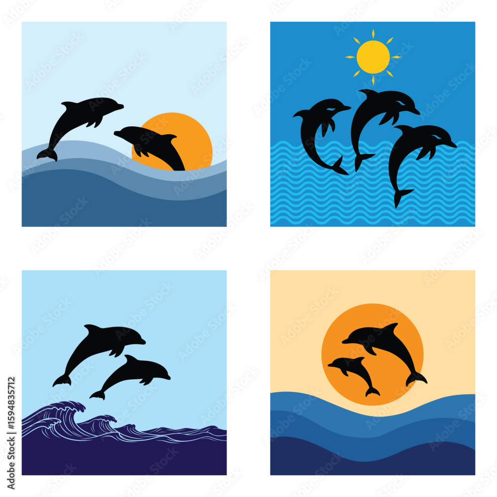 Obraz premium Dolphin Silhouette Jumping Over Ocean Waves at Sunset