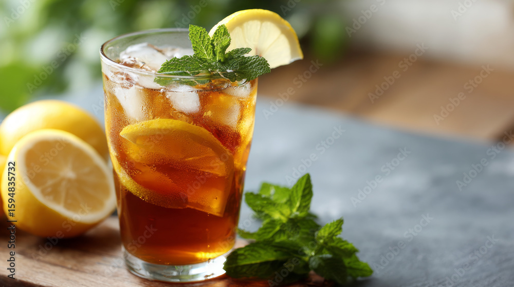 Fototapeta premium Refreshing iced tea with lemon slices and fresh mint leaves on wooden table