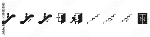 Escalator, Door, Stairs, And Elevator Solid Icon Set. Public Transportation, Building Navigation, And Accessibility Silhouette Symbol Collection. Directional Guidance. Isolated Vector Illustration