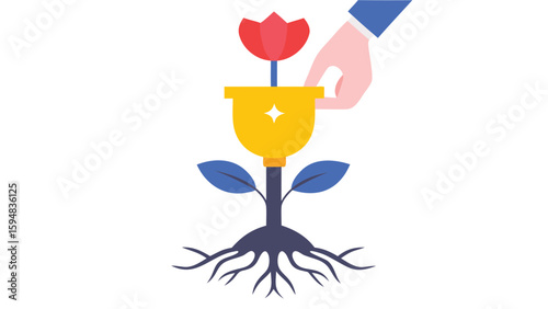 Hand placing a golden cup over a plant with a red flower, blue leaves, and visible roots growing below