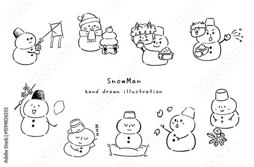 可愛い雪だるまのモノクロ線画イラスト2