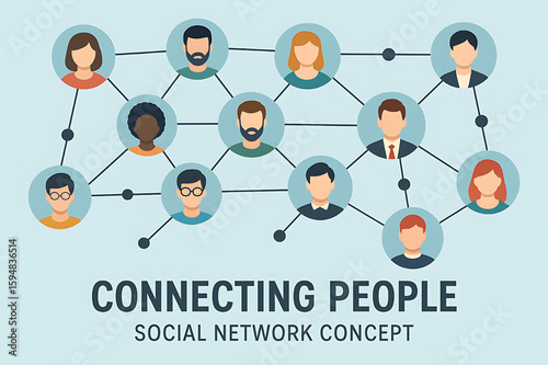 The illustration displays a network of interconnected individuals represented by diverse profile icons within circular frames. Lines link these icons, visually depicting a social network 
