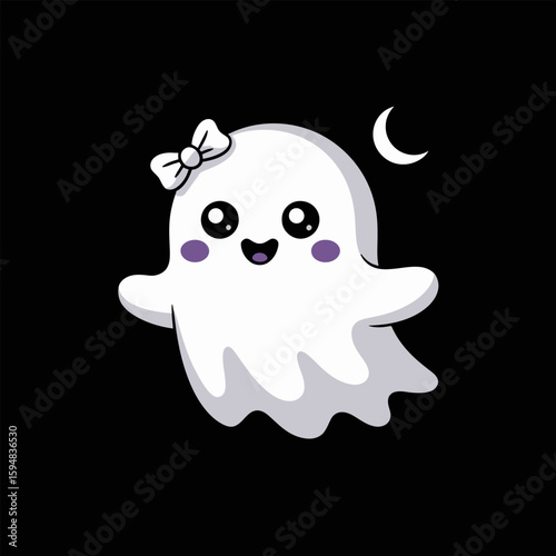 Smiling ghost with pink bow and joyful eyes, purple background glow, floating in peaceful night, pastel Halloween cuteness  