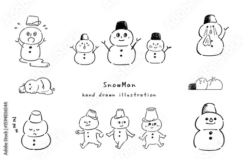可愛い雪だるまのモノクロ線画イラスト3