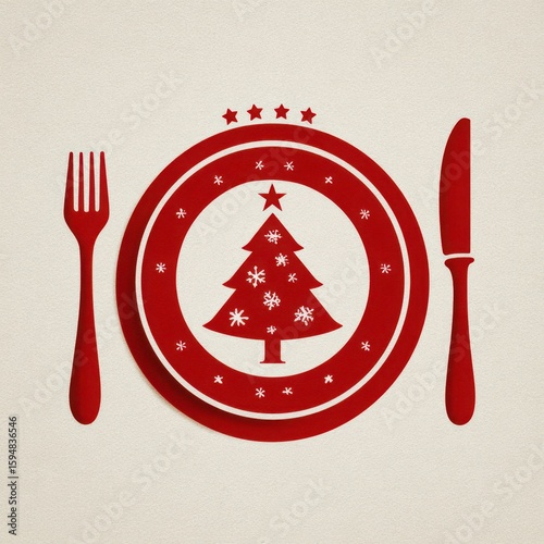 Festive table setting with Christmas tree design on plate and silverware arrangement for holiday celebration dinner