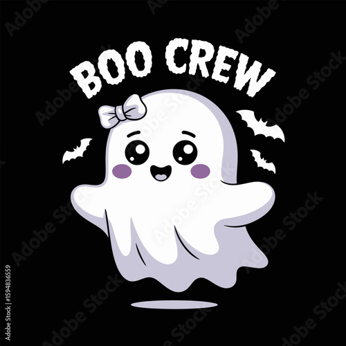 Smiling ghost wearing a white bow with little blush, boo crew text above, soft spooky spirit style on solid black background  