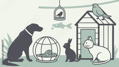 Simple graphic illustration of a diverse group of pets including a dog, cat, rabbit, and birds, with a pet house and cage, symbolizing animal care.